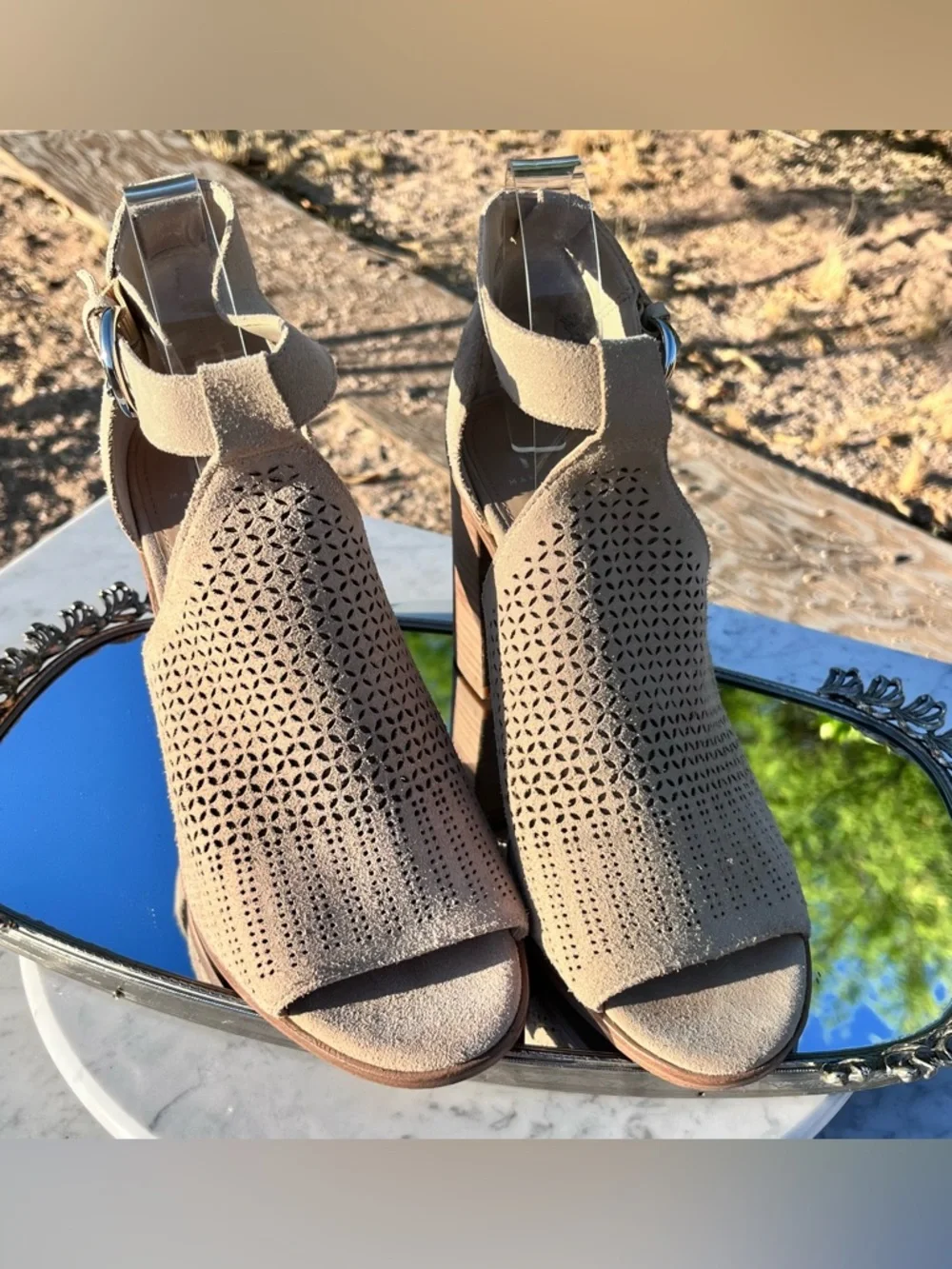 Marc Fisher Vixen Peep Toe City Sandal, 9.5, Tan Perforated Suede, 3.75” Heel - Picture 3 of 15